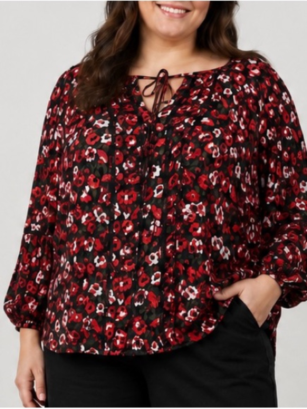 Lauren Ralph Lauren Women's 1X Red Floral Peasant Top